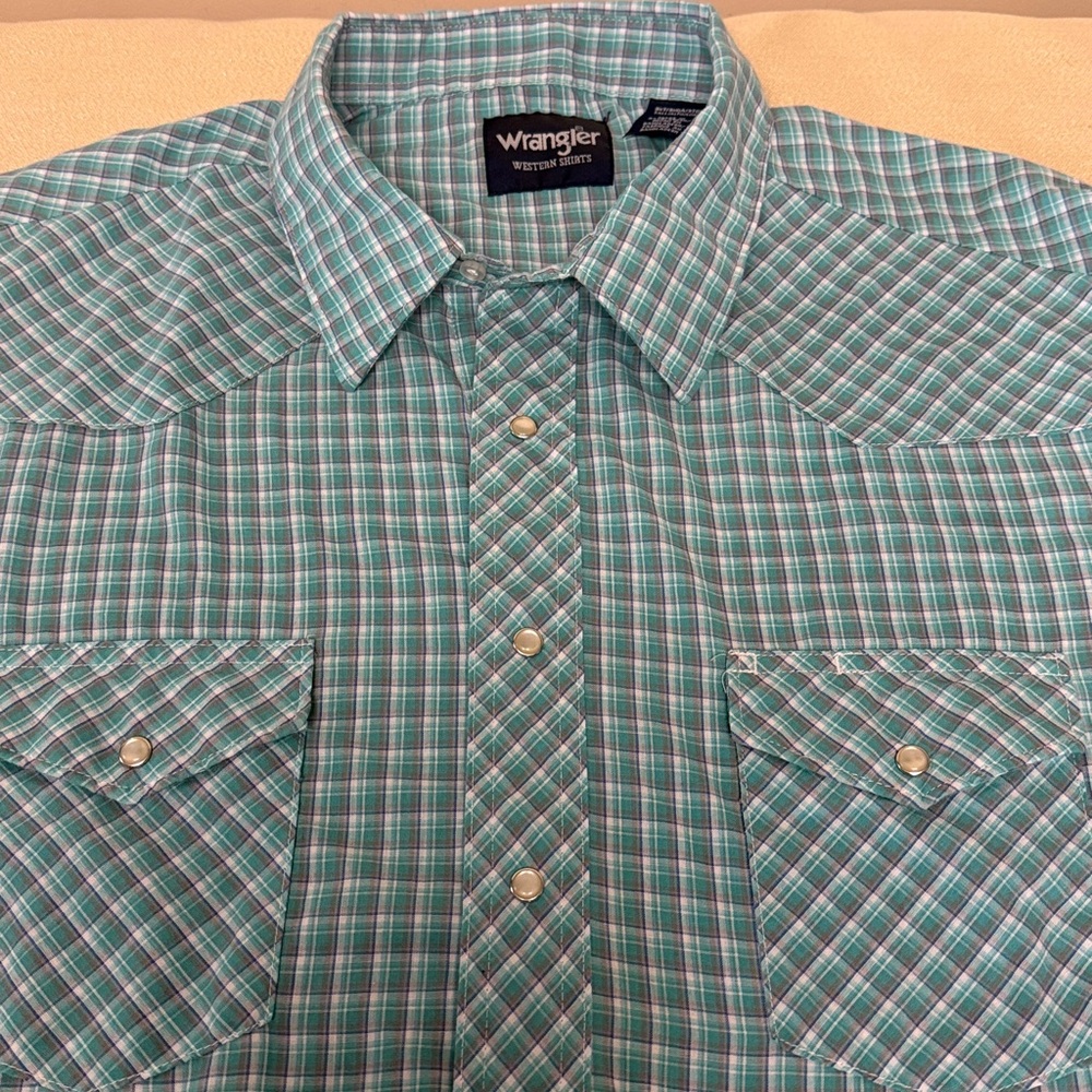 Wrangler Men's Western Teal 3XT Checkered pearl Button snap Down Shirt